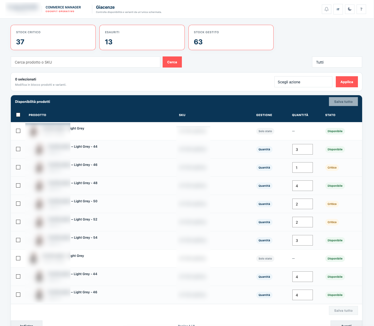 Controlla stock e varianti e intervieni in blocco sulle disponibilità.