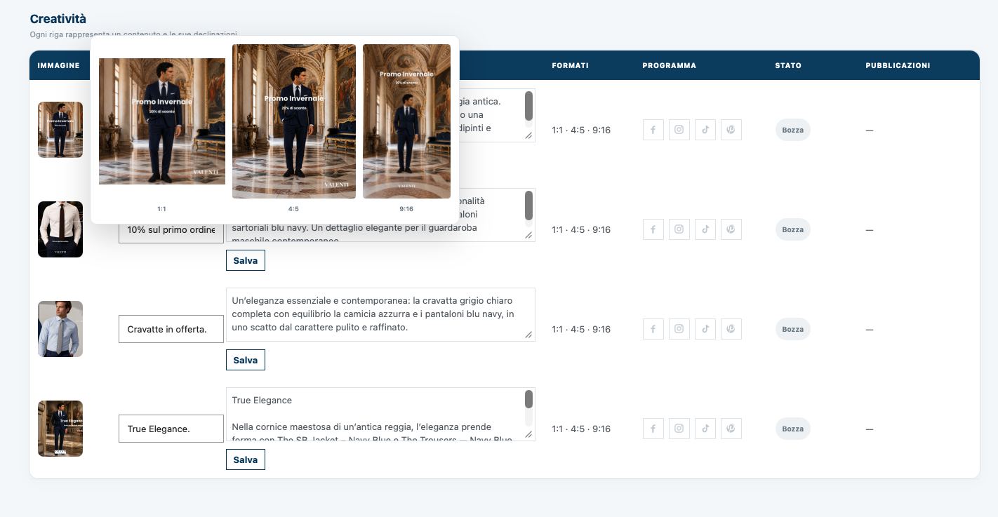 Ogni contenuto resta centralizzato con formati, copy, stato e canali di pubblicazione.