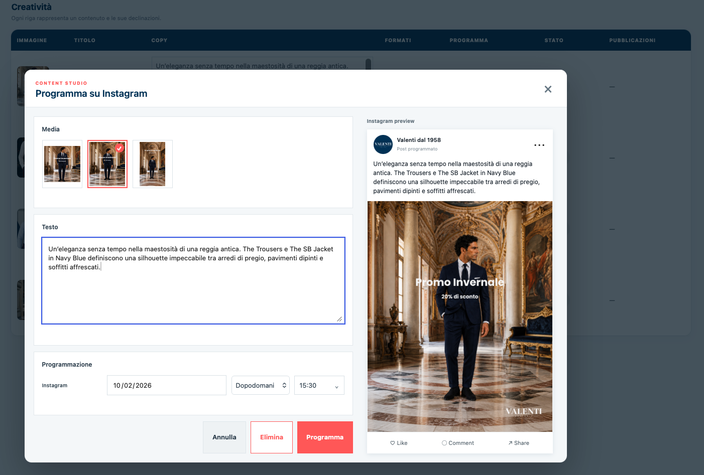 Seleziona il formato, verifica l’anteprima e programma la pubblicazione direttamente sui tuoi canali.